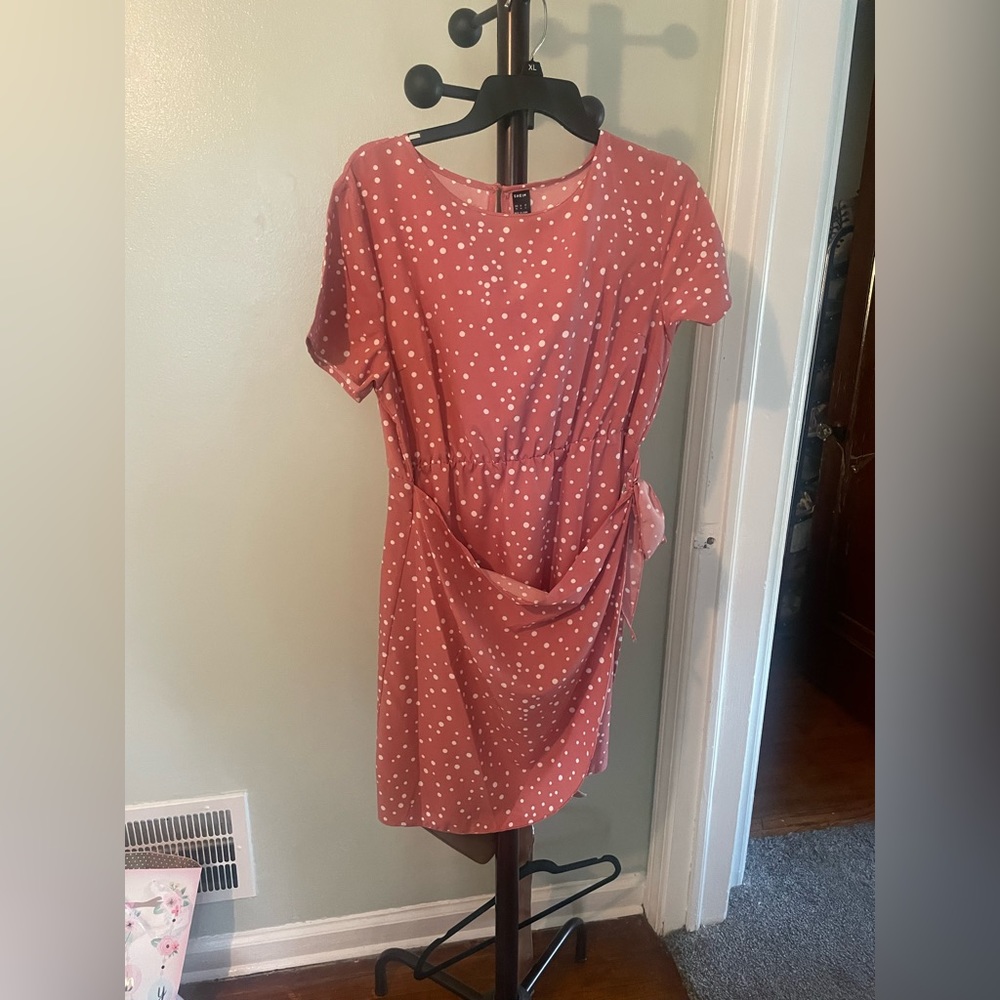 Pink polka dot wrap dress